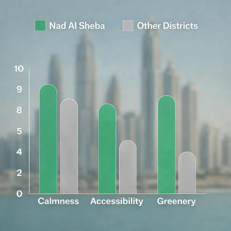 Сравнение Nad Al Sheba с другими районами по факторам - спокойствие, уединенность, озеленение