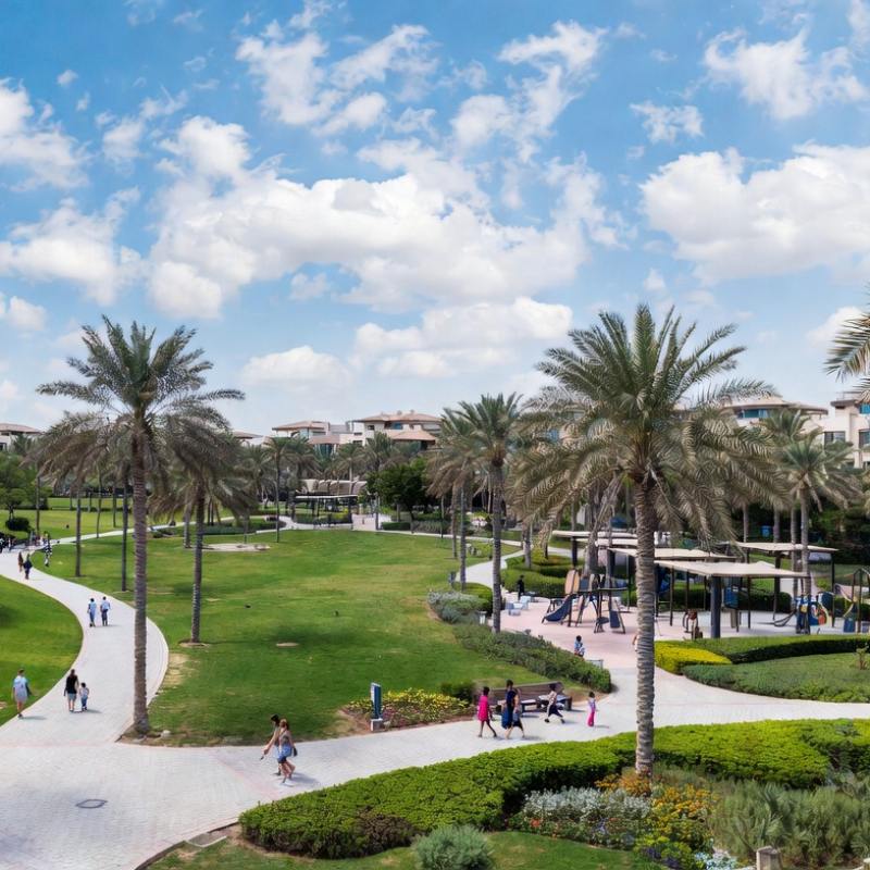Зелёный парк с пальмами и детской площадкой в жилом районе Dubai Hills Estate