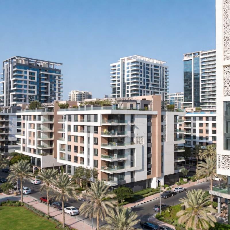 Вид на Jumeirah Village Circle (JVC) с яхтами, небоскрёбами и набережной