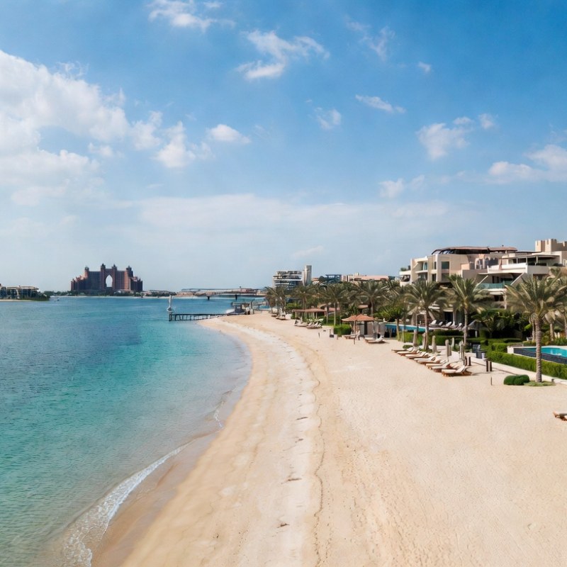 Песчаный пляж с пальмами в Palm Jumeirah