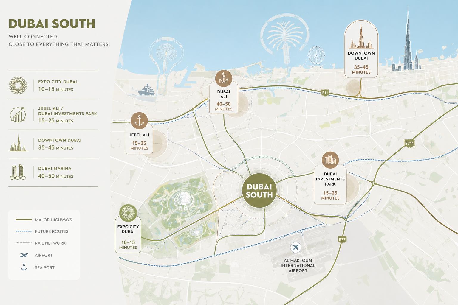 Diagram of travel times and routes to neighboring locations