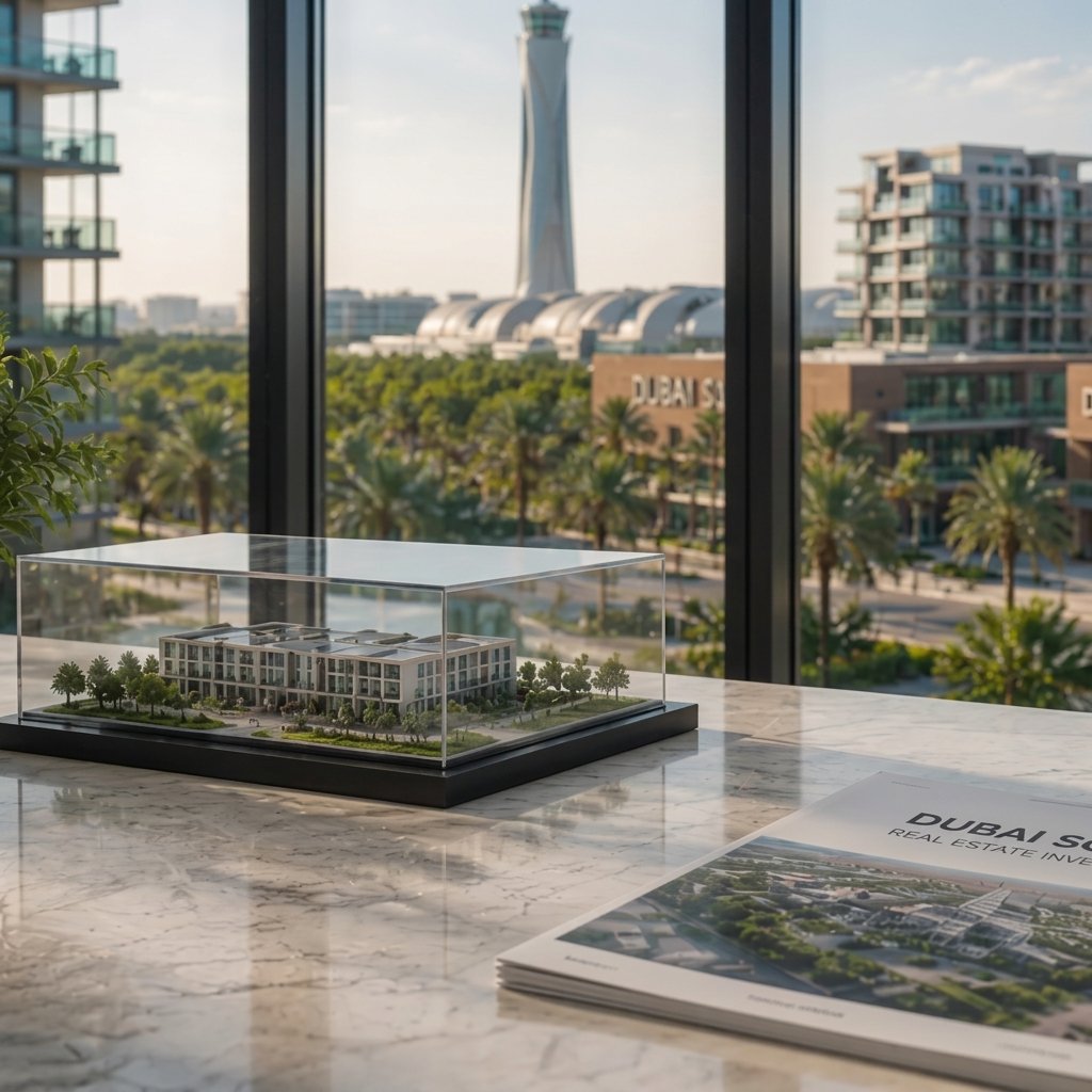 Масштабная модель жилого комплекса Dubai South в офисе продаж с видом на территорию комплекса
