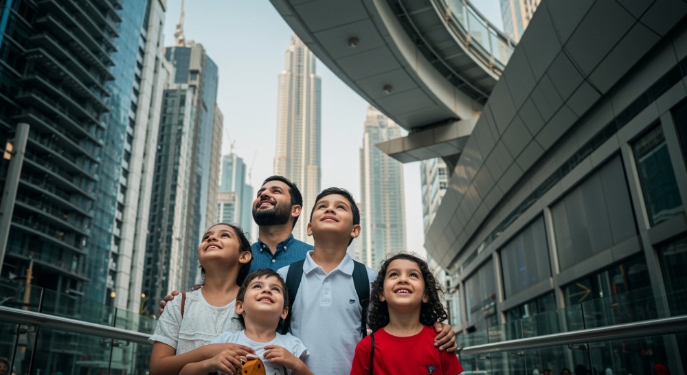 семья гуляет в Дубае