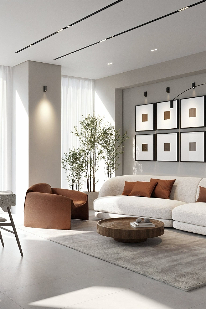 Современная гостиная с уютным диваном и стильным декором.